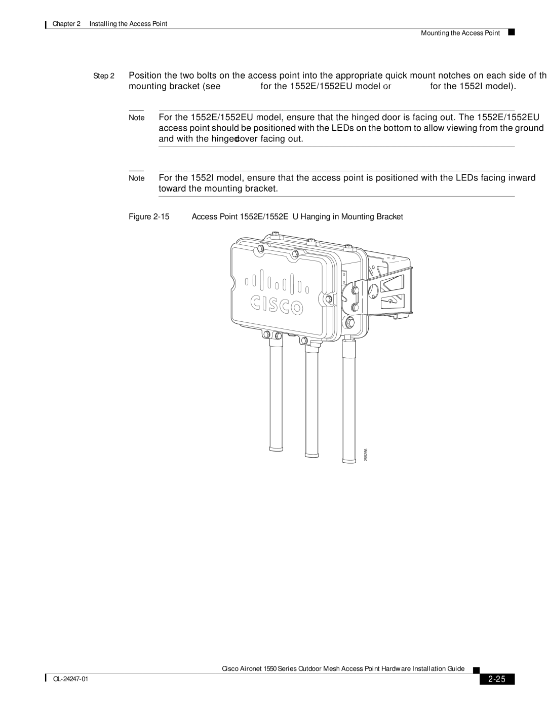 Cisco Systems 1550, AIRCAP1552HAK9 manual Access Point 1552E/1552EU Hanging in Mounting Bracket 