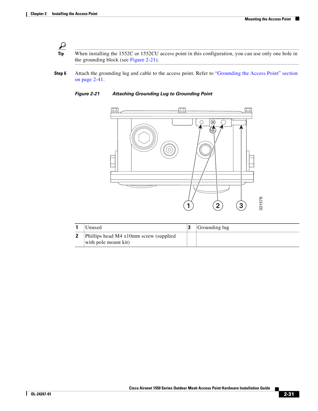 Cisco Systems 1550, AIRCAP1552HAK9 manual Attaching Grounding Lug to Grounding Point 