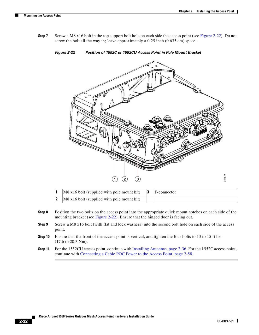 Cisco Systems AIRCAP1552HAK9, 1550 manual M8 x16 bolt supplied with pole mount kit Connector 