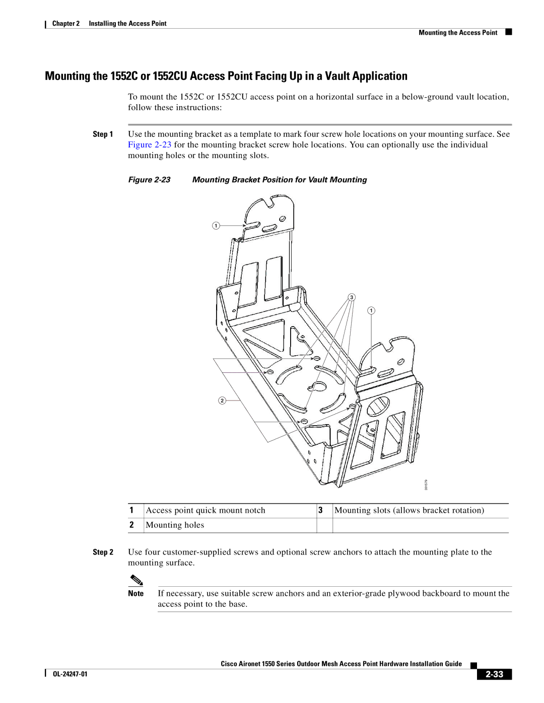 Cisco Systems AIRCAP1552HAK9, 1550 manual Mounting Bracket Position for Vault Mounting 