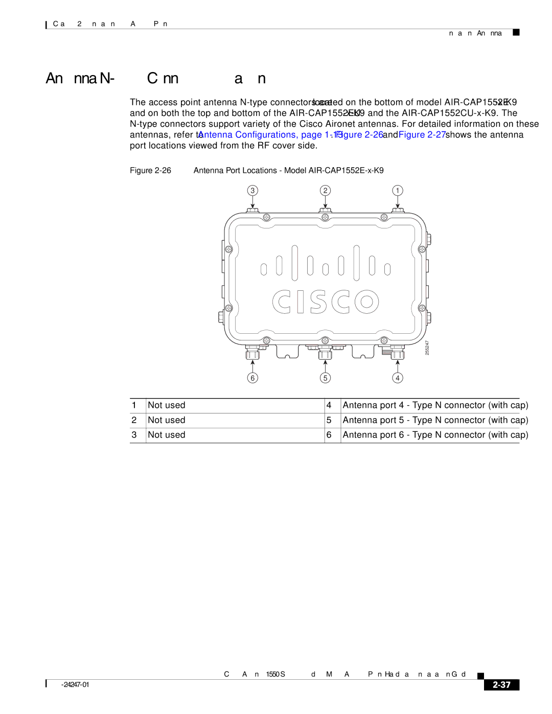 Cisco Systems 1550, 1552H manual Antenna N-Type Connector Locations, Antenna Port Locations Model AIR-CAP1552E-x-K9 