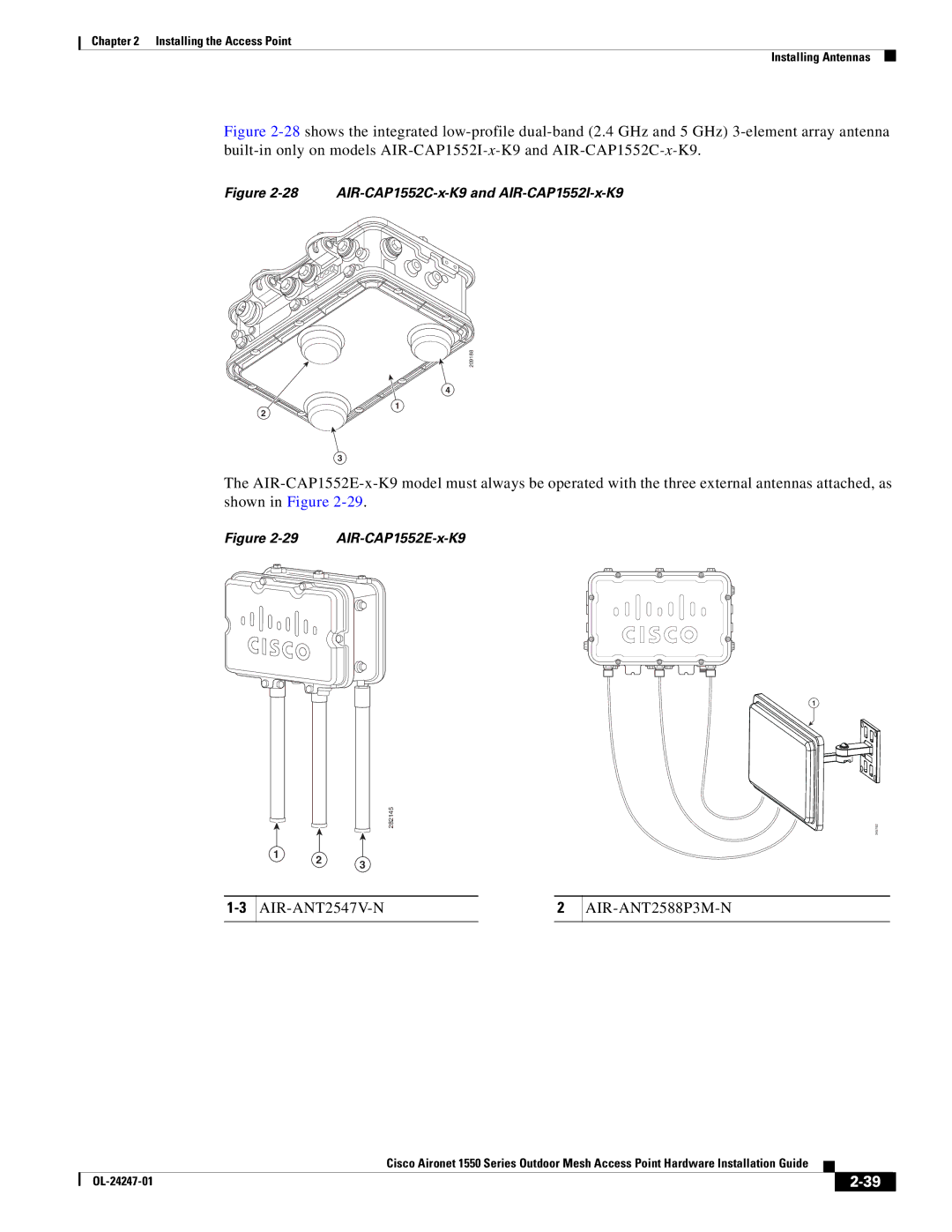 Cisco Systems AIRCAP1552HAK9, 1550 manual AIR-ANT2547V-N2 AIR-ANT2588P3M-N 