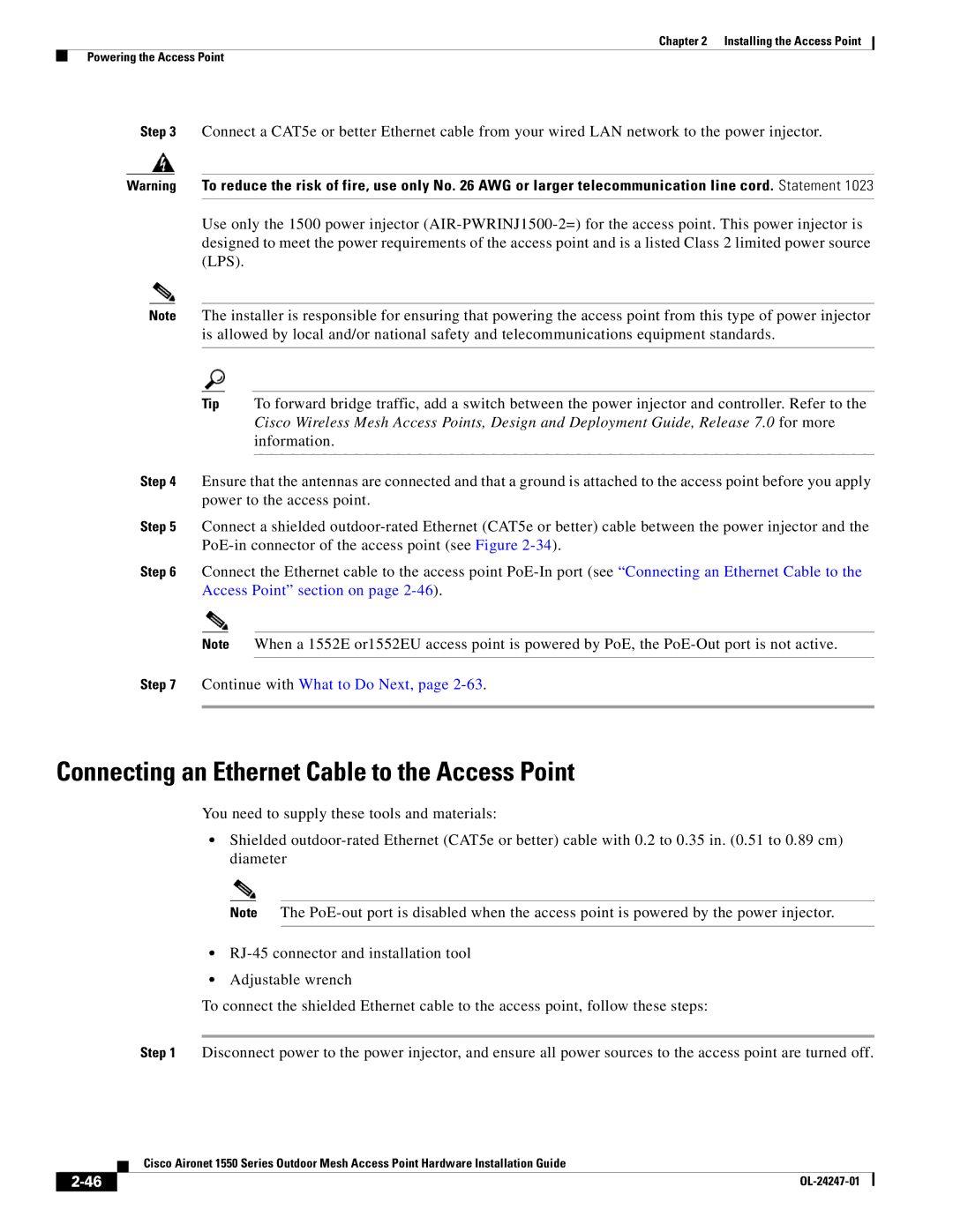 Cisco Systems 1550, AIRCAP1552HAK9 manual Connecting an Ethernet Cable to the Access Point 