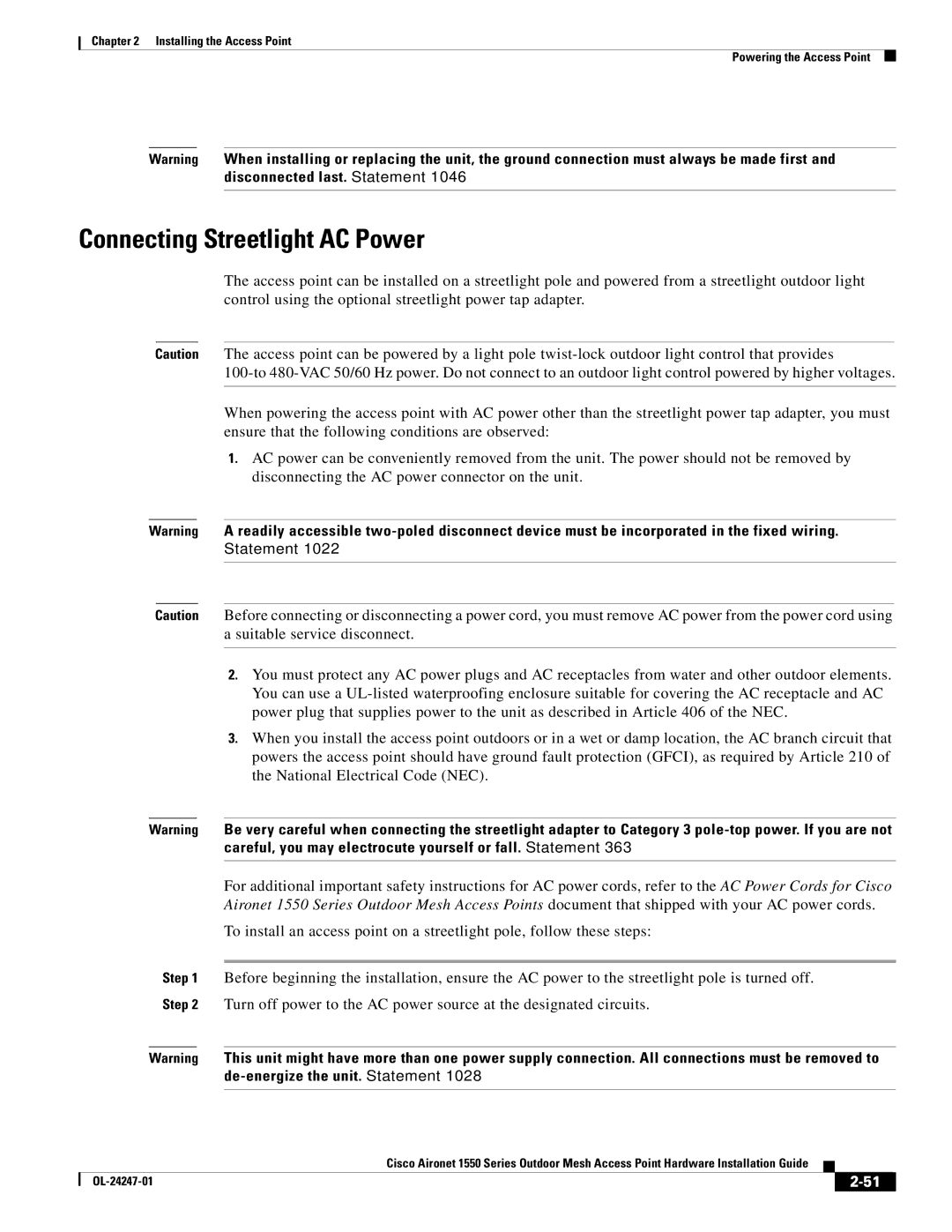 Cisco Systems AIRCAP1552HAK9, 1550 manual Connecting Streetlight AC Power, Statement 