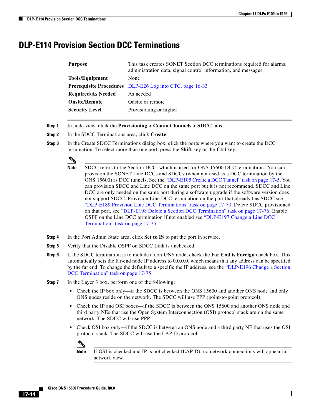 Cisco Systems 15600 manual DLP-E114 Provision Section DCC Terminations, 17-14 