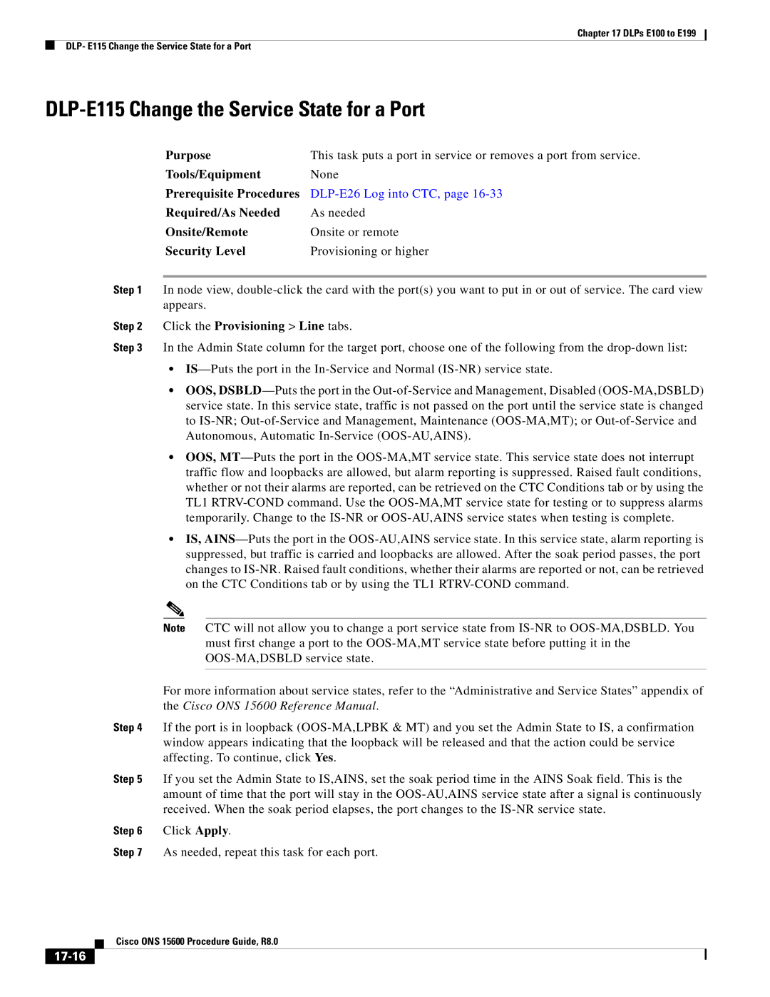 Cisco Systems 15600 manual DLP-E115 Change the Service State for a Port, Click the Provisioning Line tabs, 17-16 