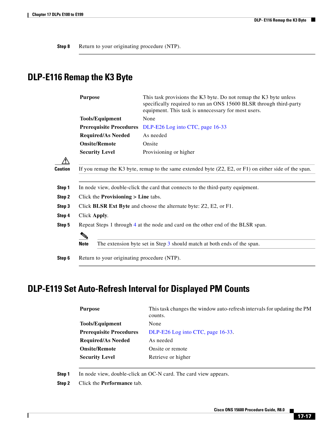 Cisco Systems 15600 manual DLP-E116 Remap the K3 Byte, DLP-E119 Set Auto-Refresh Interval for Displayed PM Counts, 17-17 