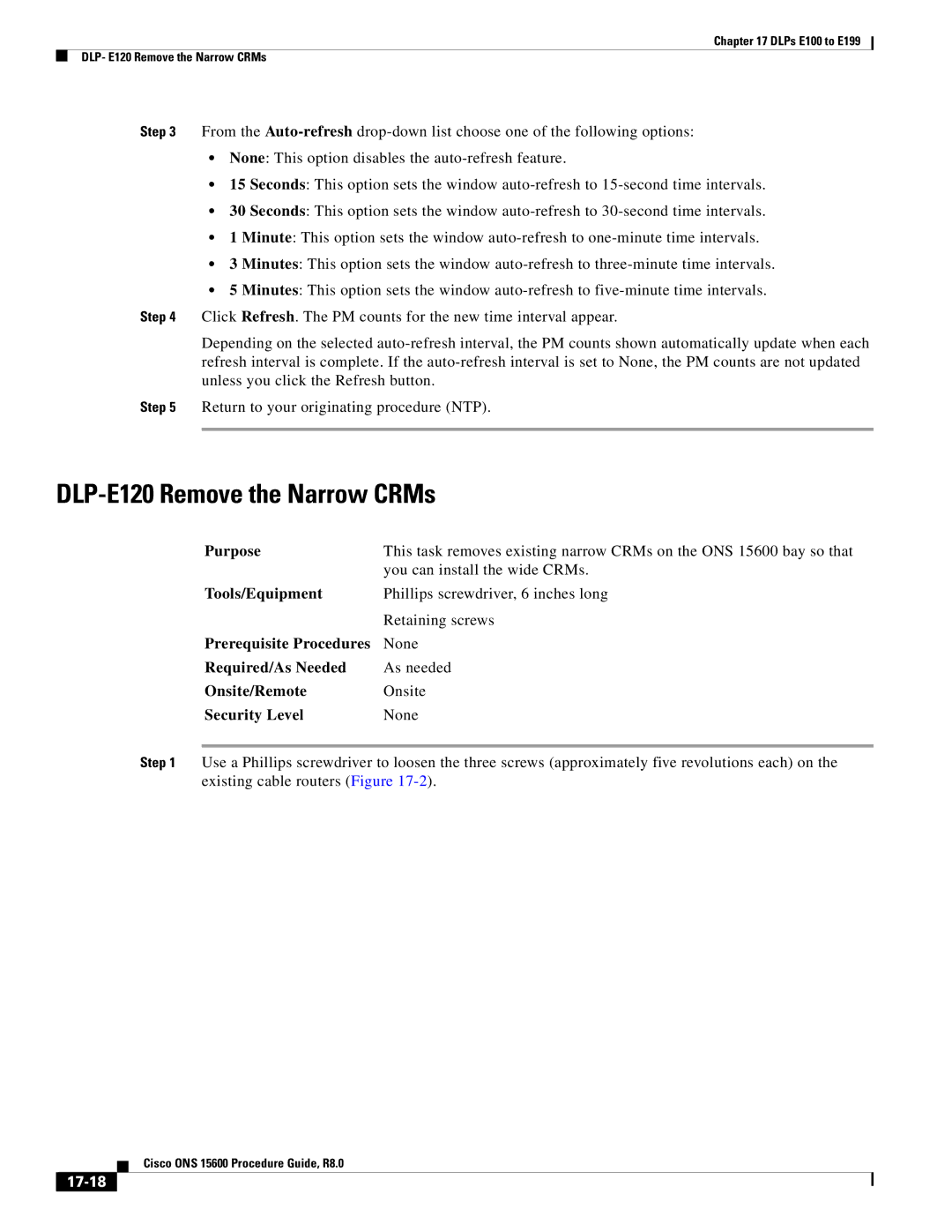 Cisco Systems 15600 manual DLP-E120 Remove the Narrow CRMs, 17-18 