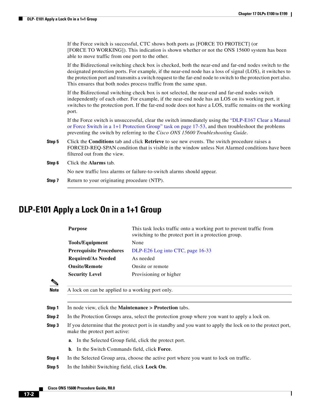 Cisco Systems 15600 manual DLP-E101 Apply a Lock On in a 1+1 Group, 17-2 