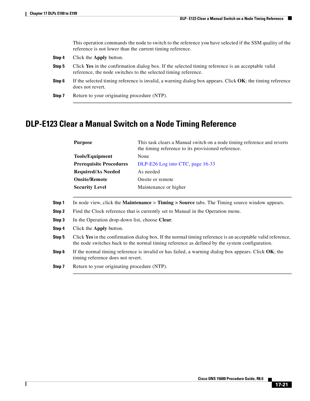 Cisco Systems 15600 manual DLP-E123 Clear a Manual Switch on a Node Timing Reference, 17-21 