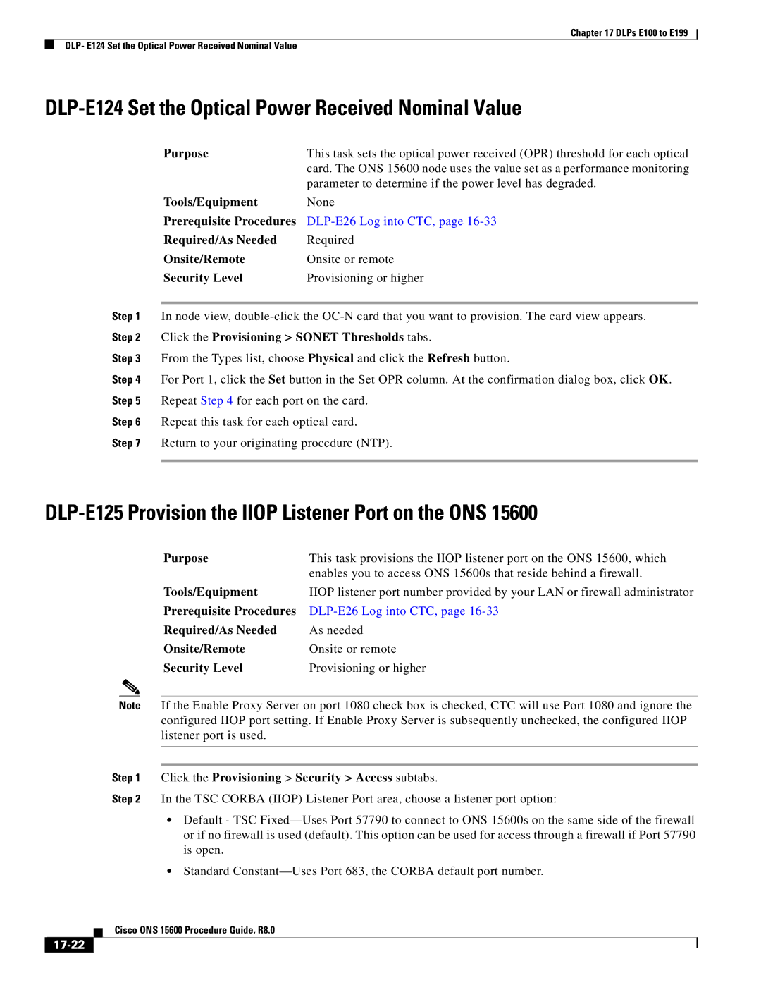 Cisco Systems 15600 DLP-E124 Set the Optical Power Received Nominal Value, Click the Provisioning Sonet Thresholds tabs 