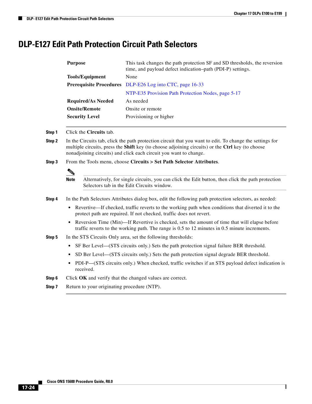 Cisco Systems 15600 manual DLP-E127 Edit Path Protection Circuit Path Selectors, 17-24 