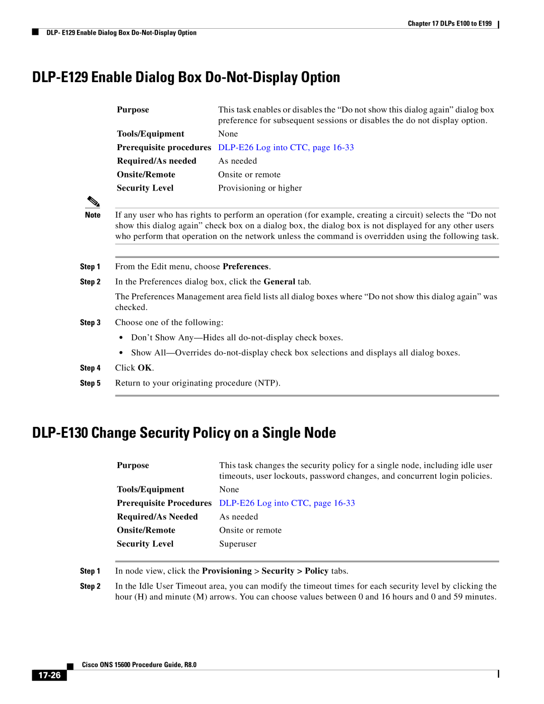 Cisco Systems 15600 DLP-E129 Enable Dialog Box Do-Not-Display Option, DLP-E130 Change Security Policy on a Single Node 