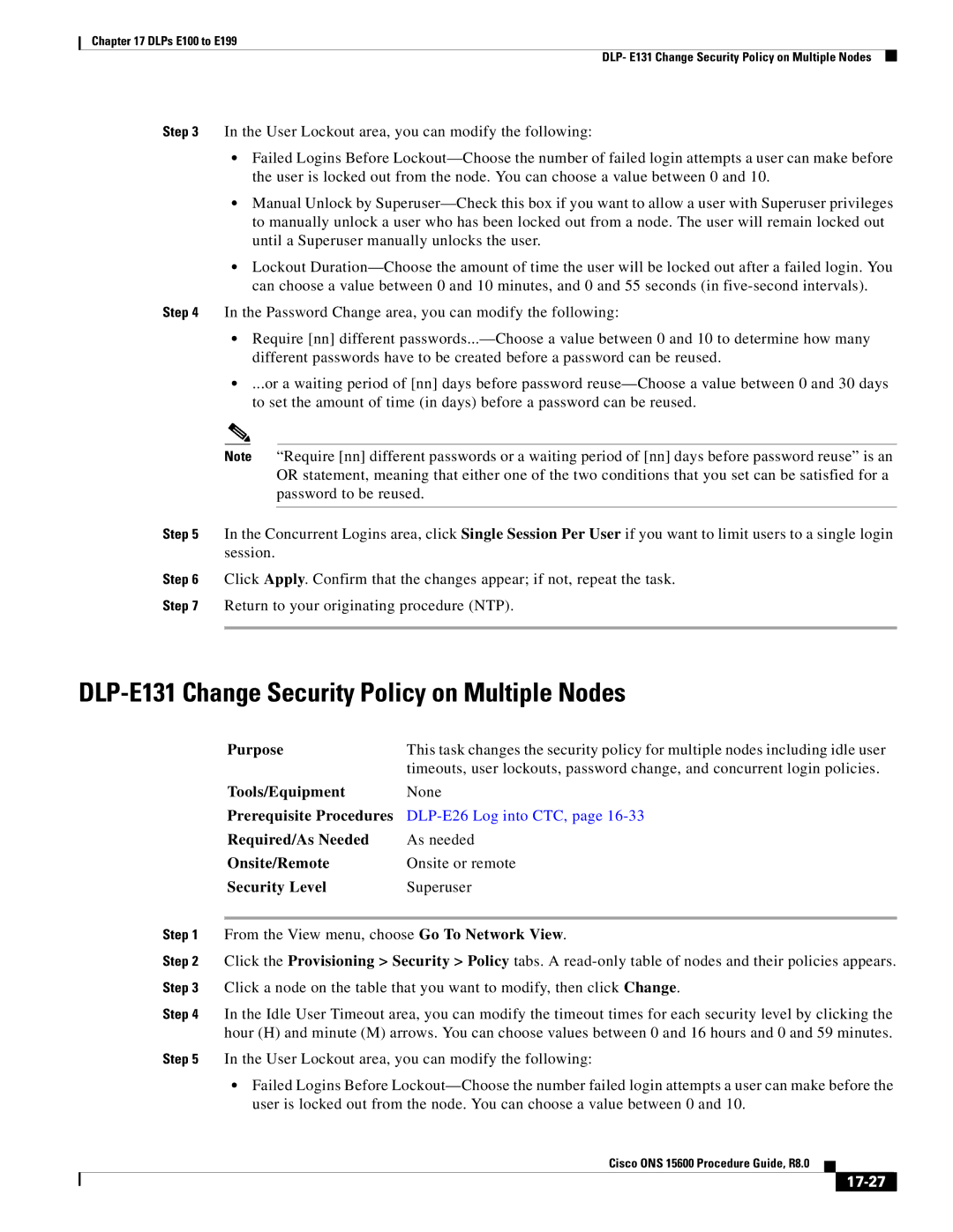 Cisco Systems 15600 manual DLP-E131 Change Security Policy on Multiple Nodes, 17-27 