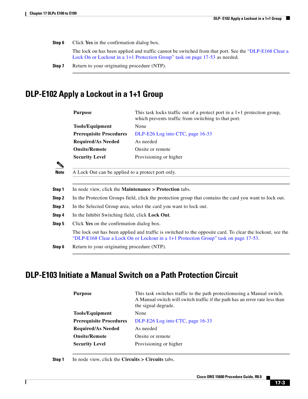 Cisco Systems 15600 manual DLP-E102 Apply a Lockout in a 1+1 Group, 17-3 