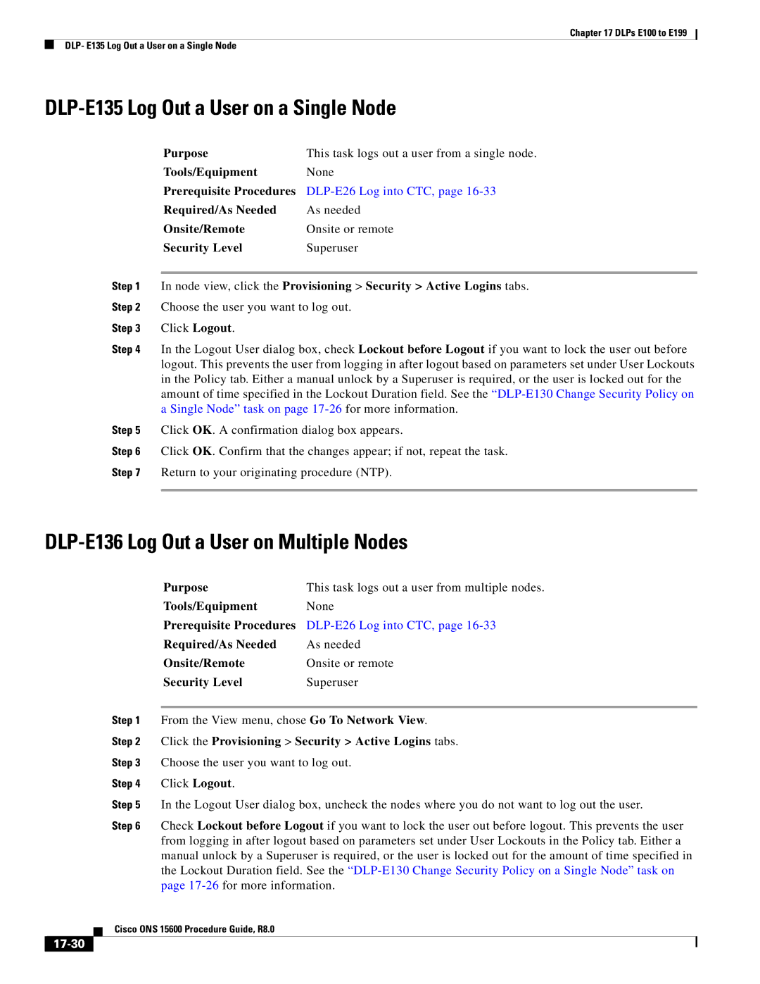 Cisco Systems 15600 manual DLP-E135 Log Out a User on a Single Node, DLP-E136 Log Out a User on Multiple Nodes, 17-30 