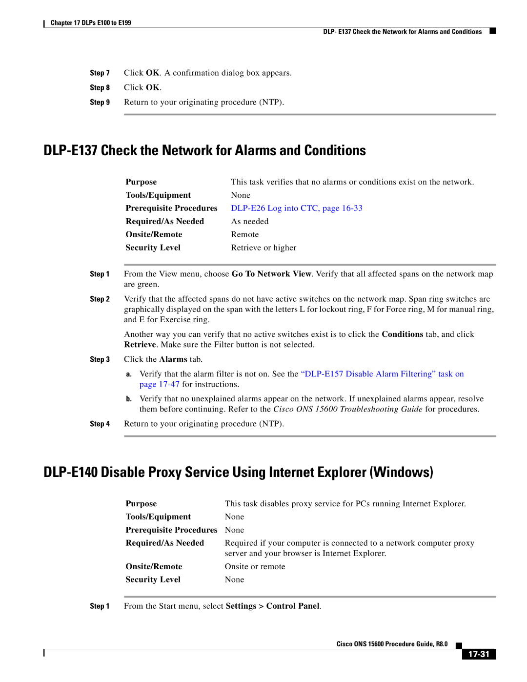 Cisco Systems 15600 manual DLP-E137 Check the Network for Alarms and Conditions, 17-31 