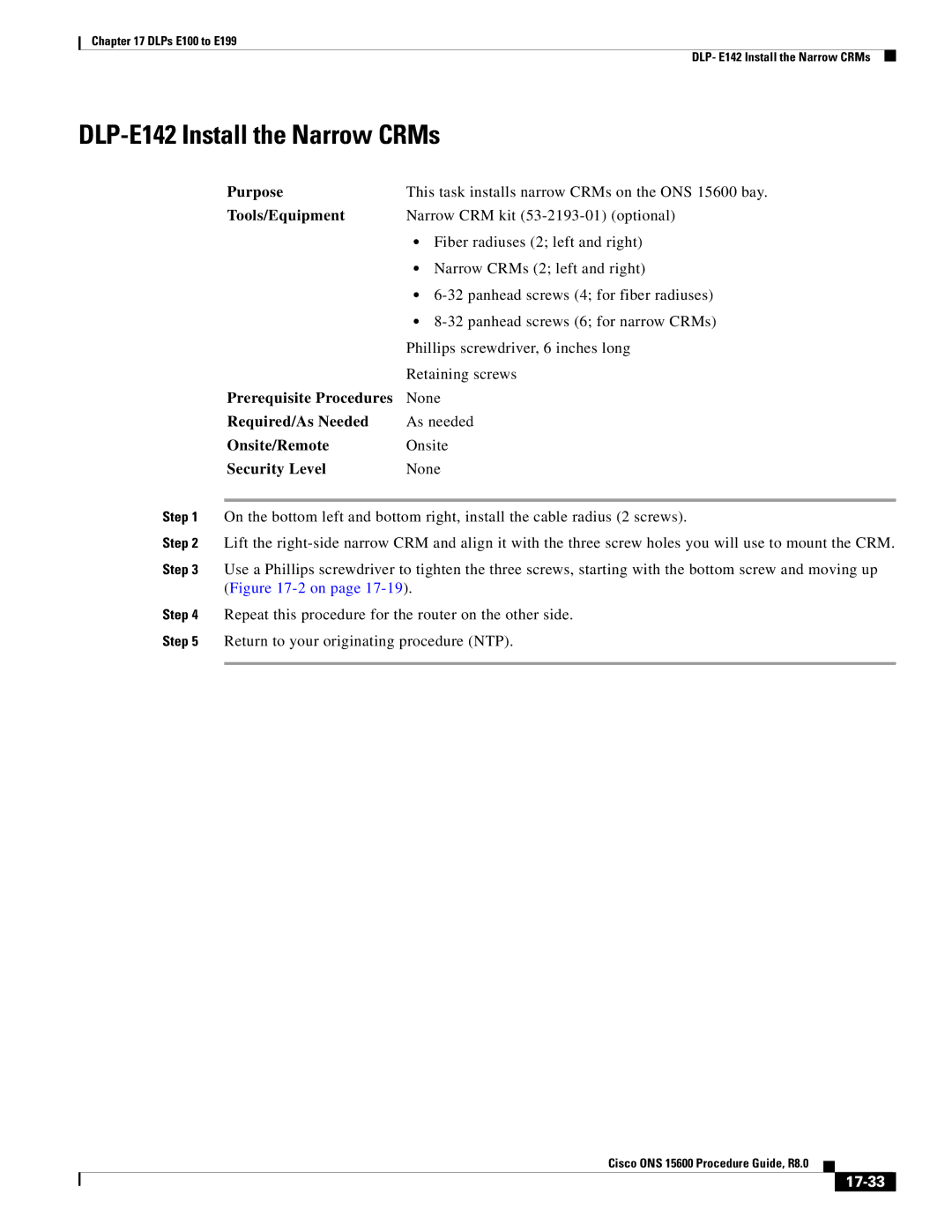 Cisco Systems 15600 manual DLP-E142 Install the Narrow CRMs, 17-33 