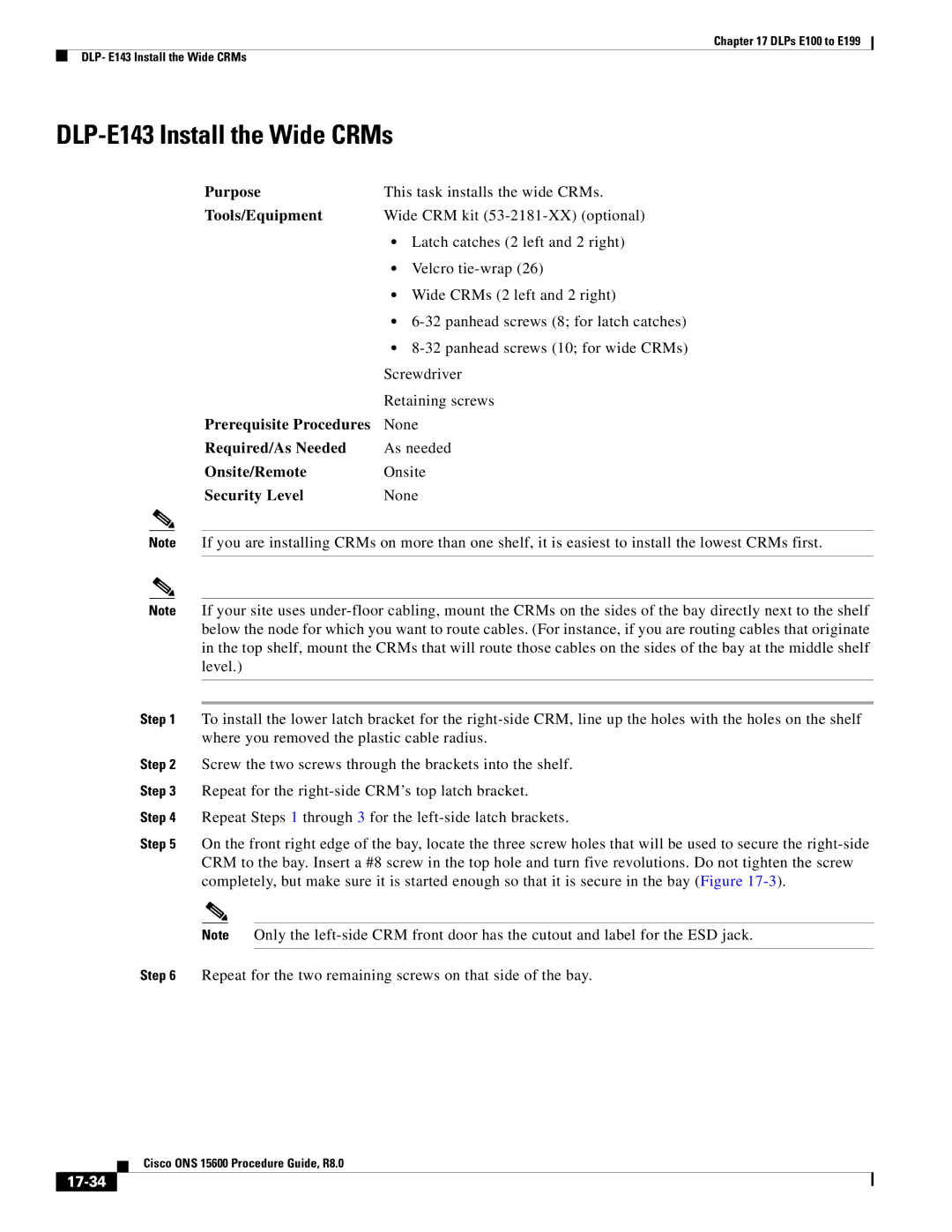 Cisco Systems 15600 manual DLP-E143 Install the Wide CRMs, 17-34 