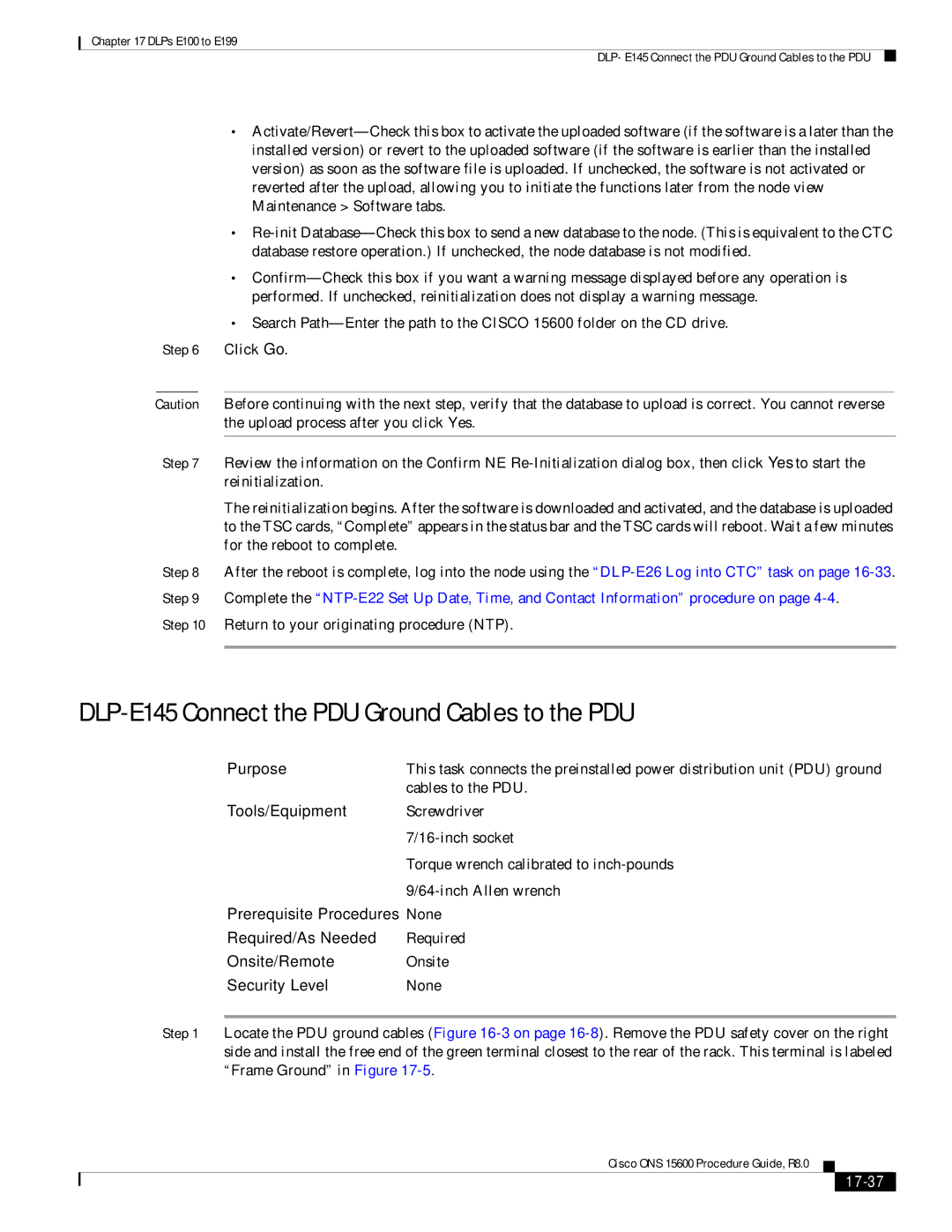 Cisco Systems 15600 manual DLP-E145 Connect the PDU Ground Cables to the PDU, 17-37 