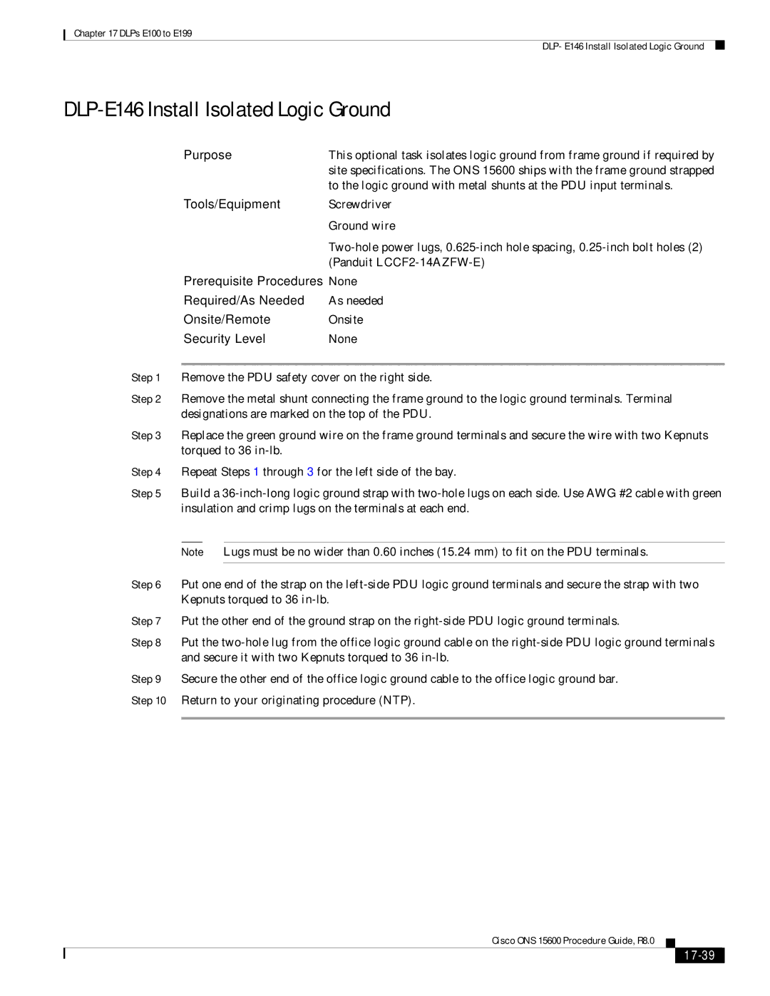 Cisco Systems 15600 manual DLP-E146 Install Isolated Logic Ground, 17-39 