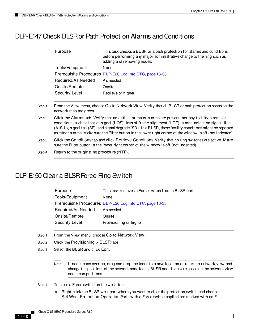 Cisco Systems 15600 manual DLP-E150 Clear a Blsr Force Ring Switch, Click the Provisioning Blsr tabs, 17-40 