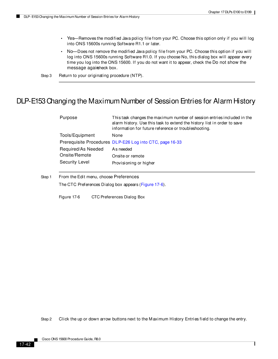 Cisco Systems 15600 manual 17-42, CTC Preferences Dialog Box 