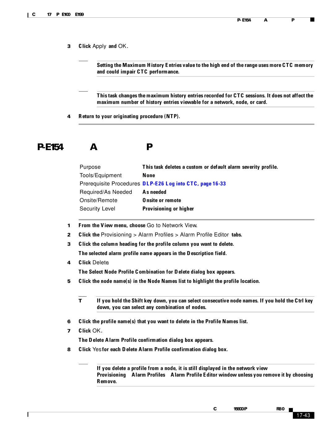 Cisco Systems 15600 manual DLP-E154 Delete Alarm Severity Profiles, 17-43 