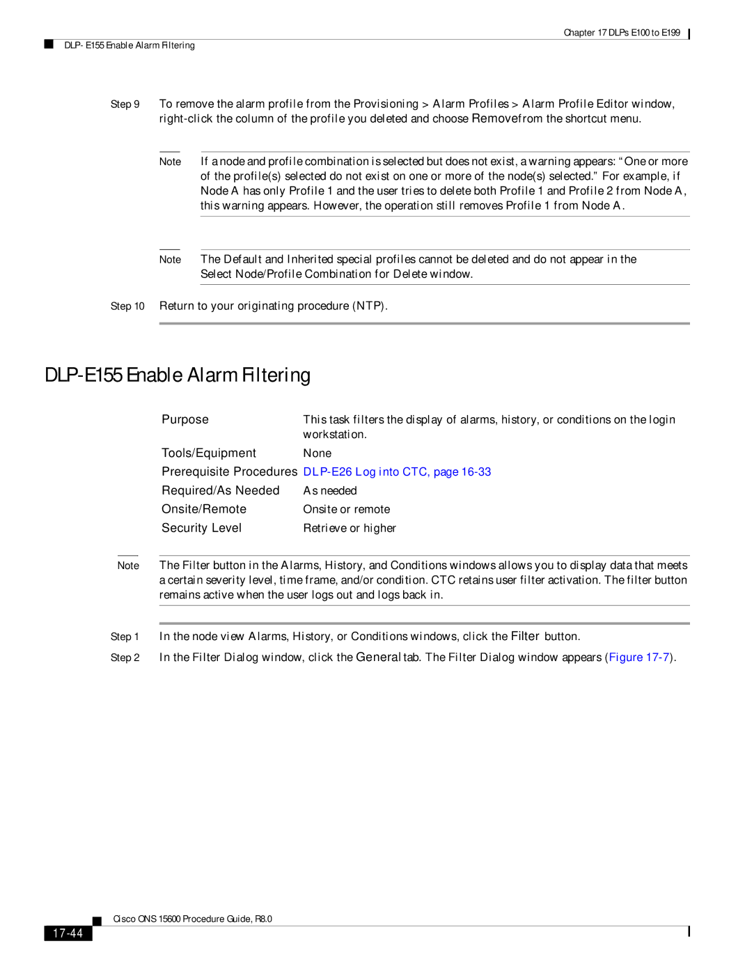 Cisco Systems 15600 manual DLP-E155 Enable Alarm Filtering, 17-44 