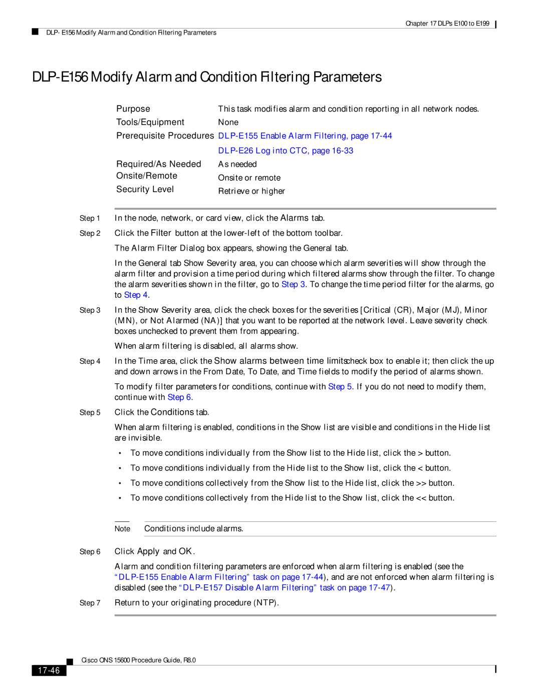 Cisco Systems 15600 manual DLP-E156 Modify Alarm and Condition Filtering Parameters, 17-46 