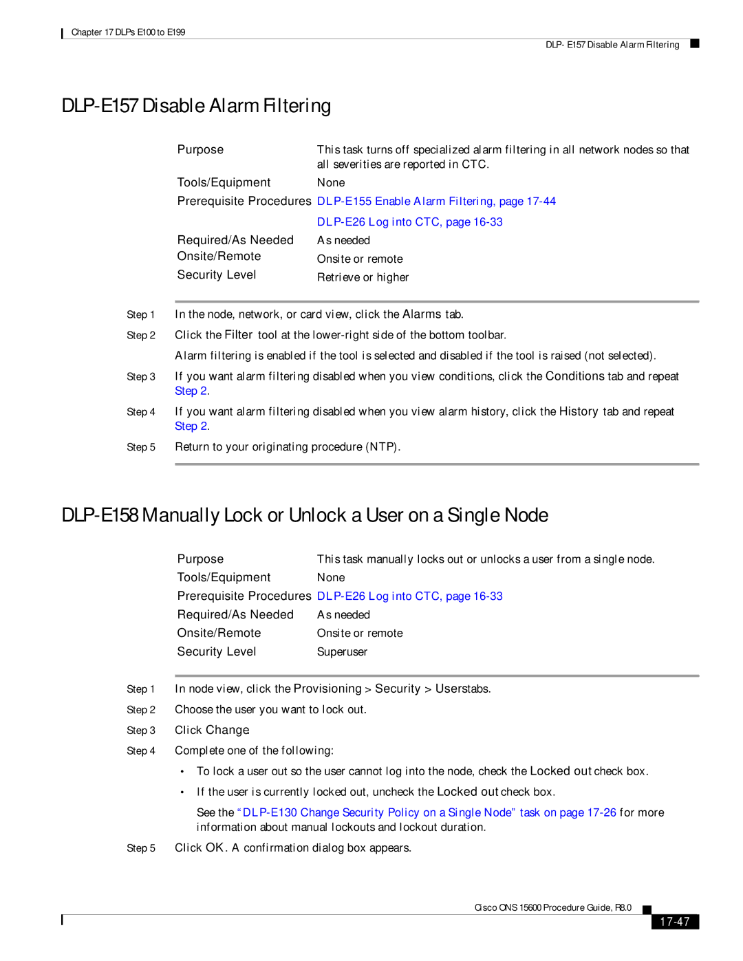 Cisco Systems 15600 DLP-E157 Disable Alarm Filtering, DLP-E158 Manually Lock or Unlock a User on a Single Node, 17-47 