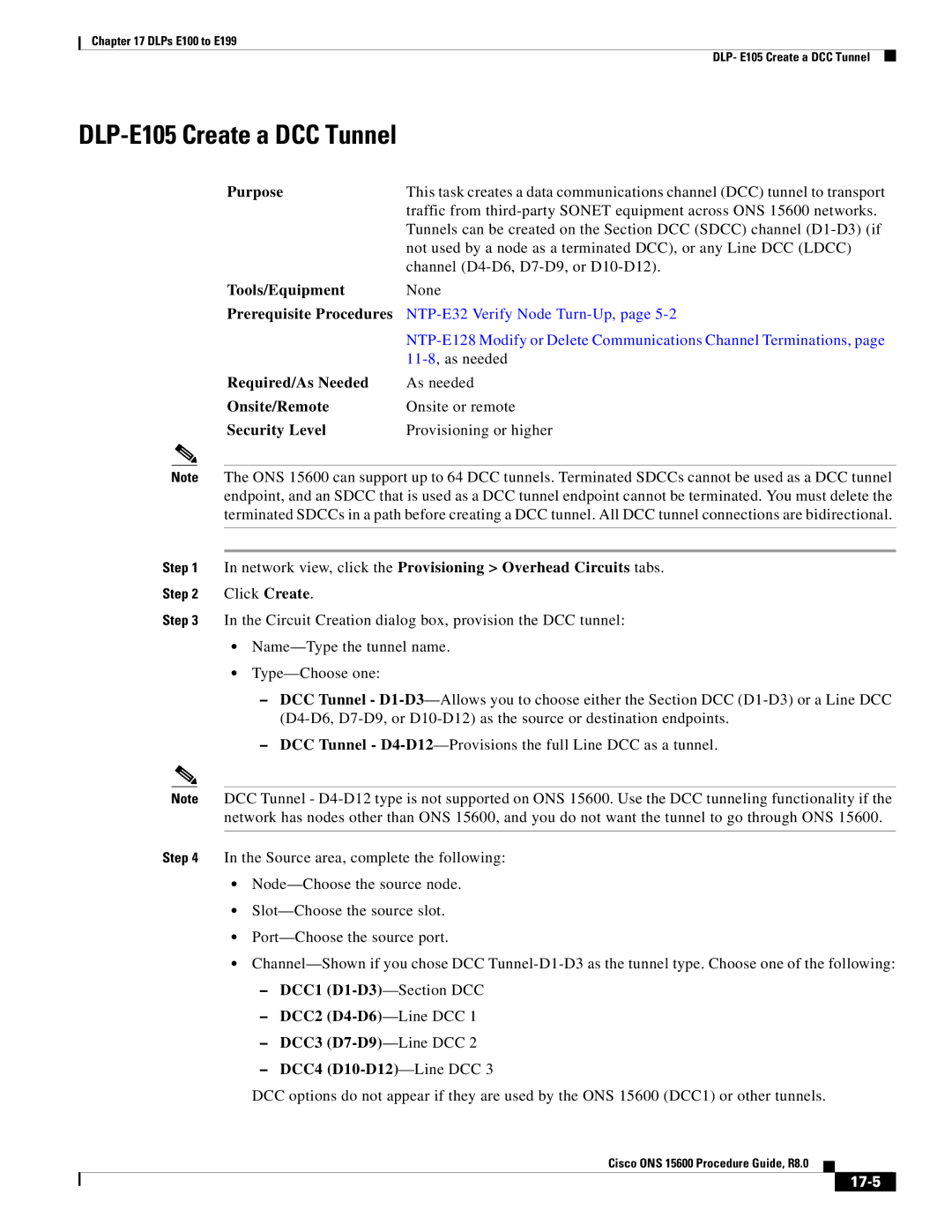 Cisco Systems 15600 manual DLP-E105 Create a DCC Tunnel, Network view, click the Provisioning Overhead Circuits tabs, 17-5 