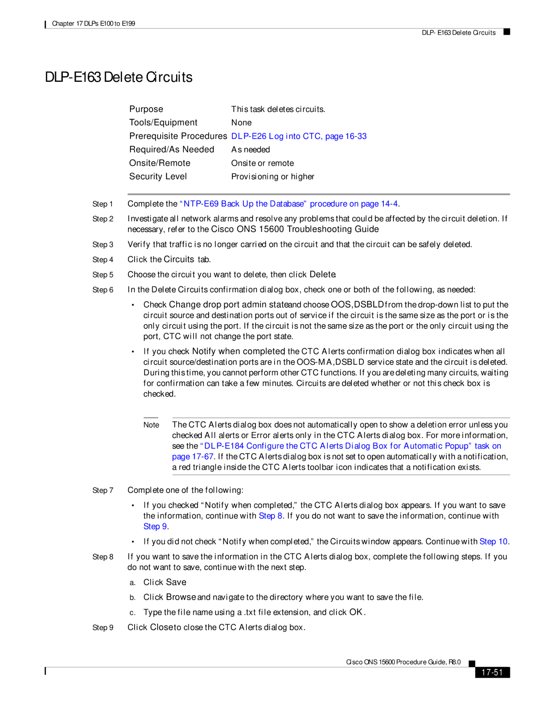 Cisco Systems 15600 manual DLP-E163 Delete Circuits, 17-51 