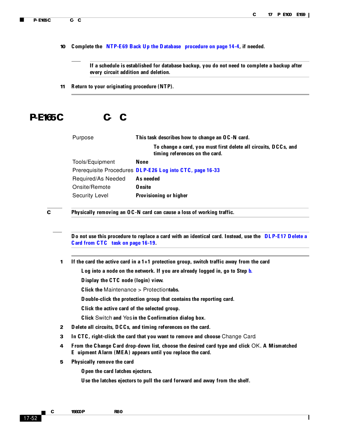 Cisco Systems 15600 manual DLP-E165 Change an OC-N Card, Click the Maintenance Protection tabs, 17-52 