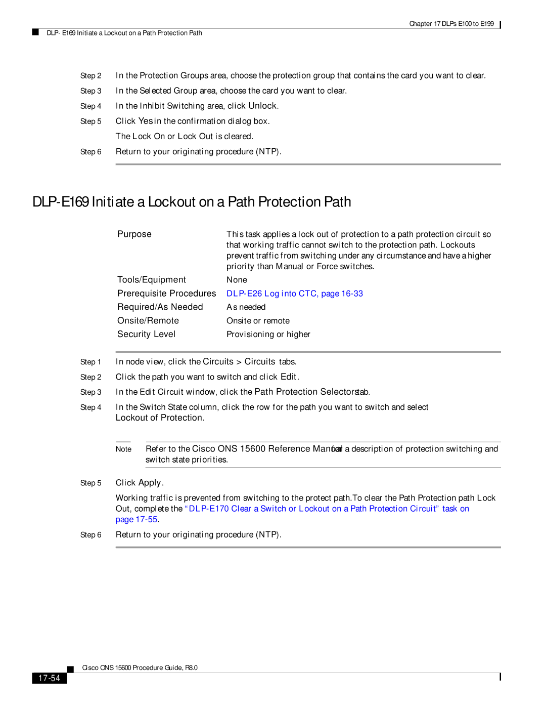 Cisco Systems 15600 manual DLP-E169 Initiate a Lockout on a Path Protection Path, Lockout of Protection, 17-54 