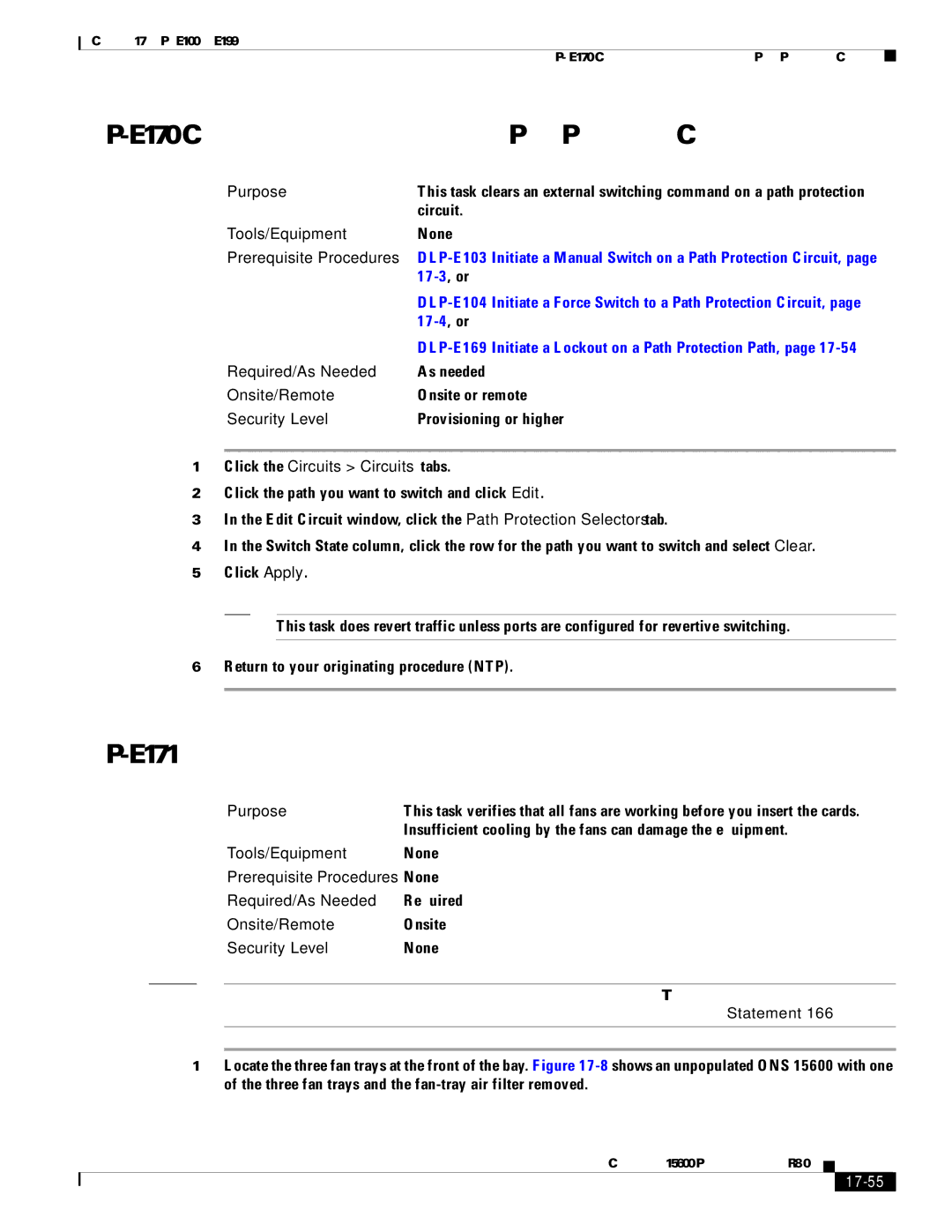 Cisco Systems 15600 manual DLP-E171 Verify Fan Operation, Click the Circuits Circuits tabs, 17-55 