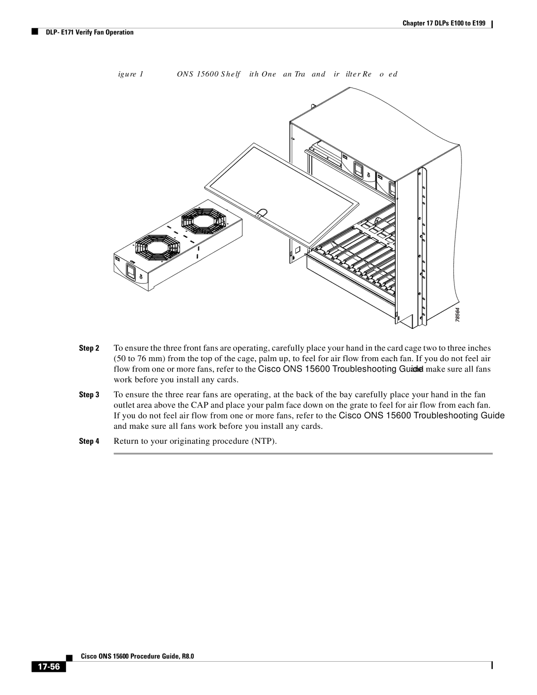 Cisco Systems manual 17-56, ONS 15600 Shelf with One Fan Tray and Air Filter Removed 