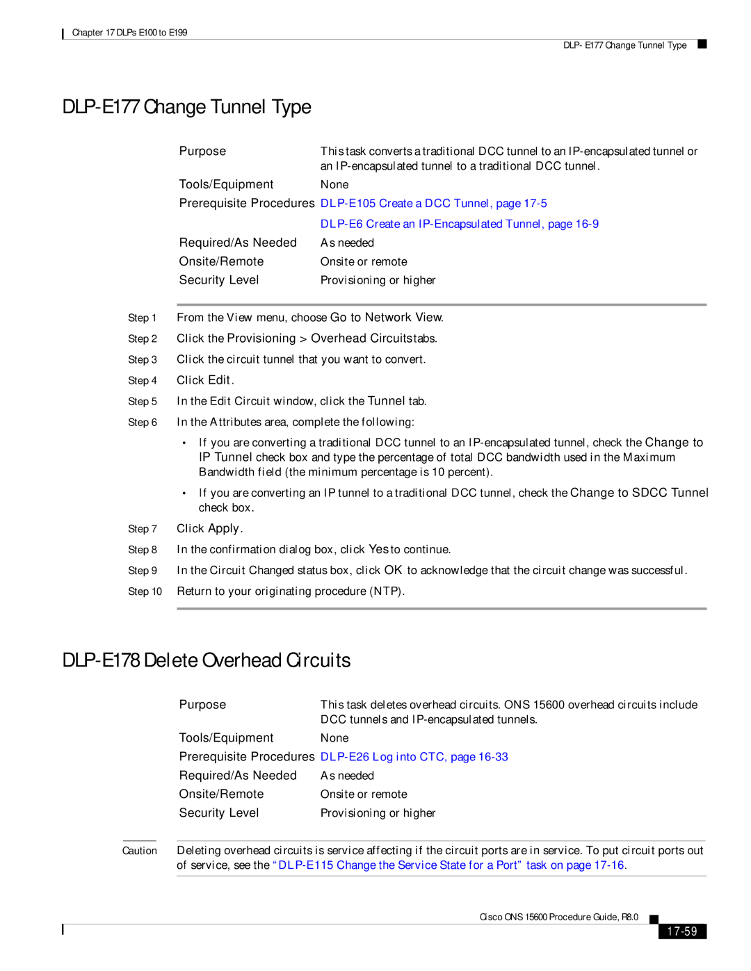 Cisco Systems 15600 manual DLP-E177 Change Tunnel Type, DLP-E178 Delete Overhead Circuits, 17-59 