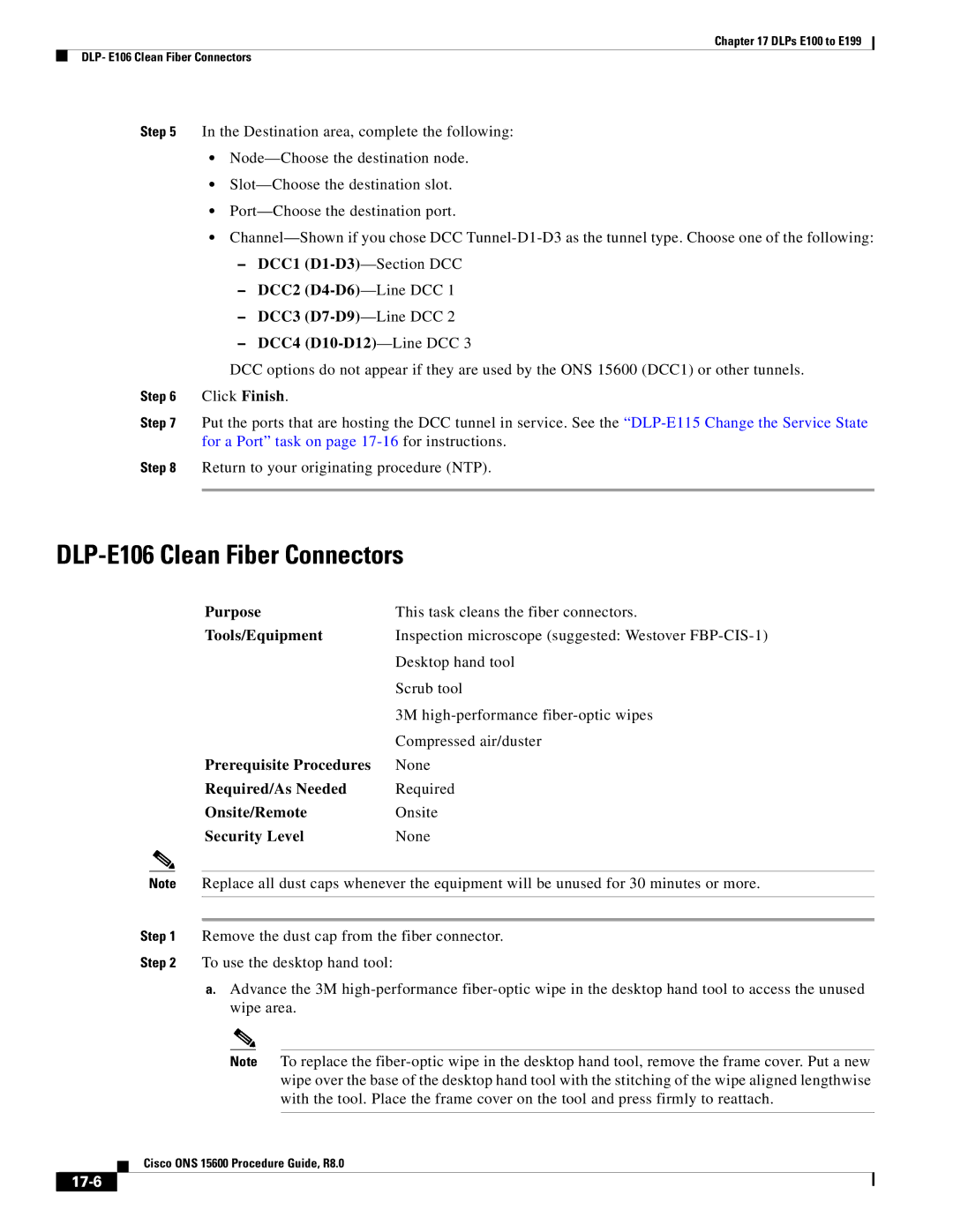 Cisco Systems 15600 manual DLP-E106 Clean Fiber Connectors, 17-6 