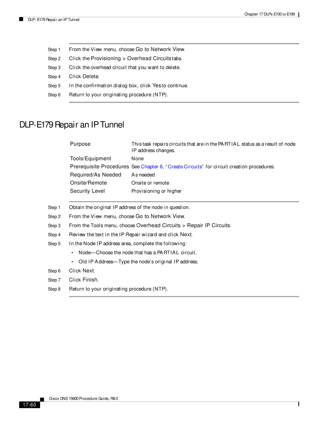 Cisco Systems 15600 manual DLP-E179 Repair an IP Tunnel, 17-60 