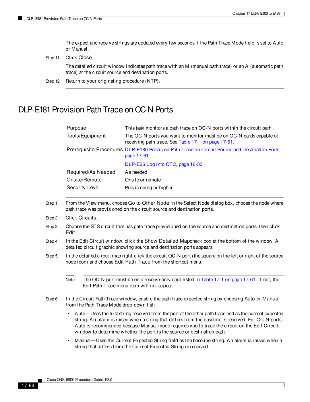 Cisco Systems 15600 manual DLP-E181 Provision Path Trace on OC-N Ports, Click Circuits, 17-64 