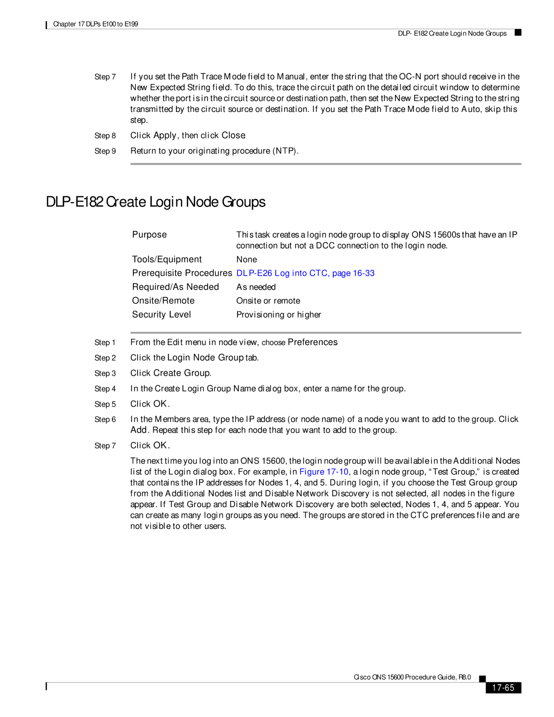 Cisco Systems 15600 manual DLP-E182 Create Login Node Groups, Click the Login Node Group tab, Click Create Group, 17-65 