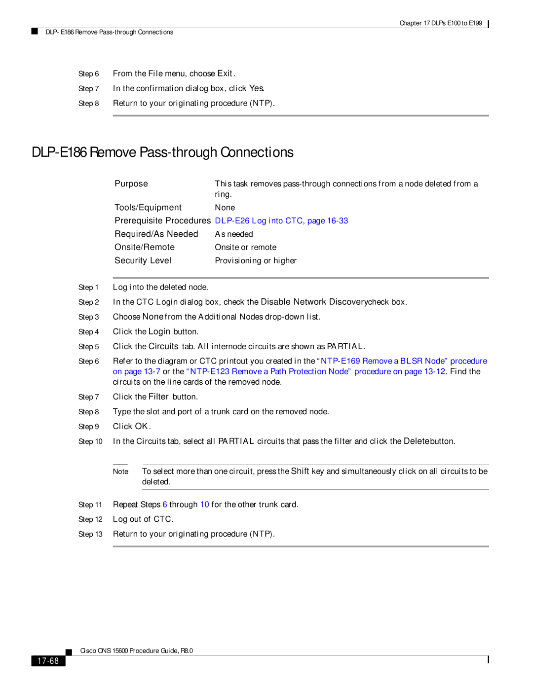 Cisco Systems 15600 manual DLP-E186 Remove Pass-through Connections, 17-68 