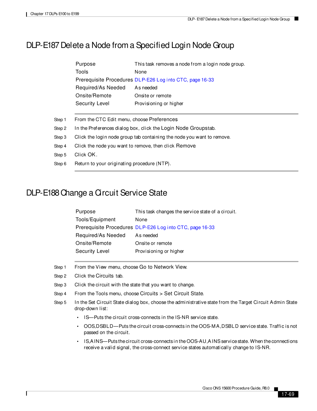 Cisco Systems 15600 DLP-E187 Delete a Node from a Specified Login Node Group, DLP-E188 Change a Circuit Service State 