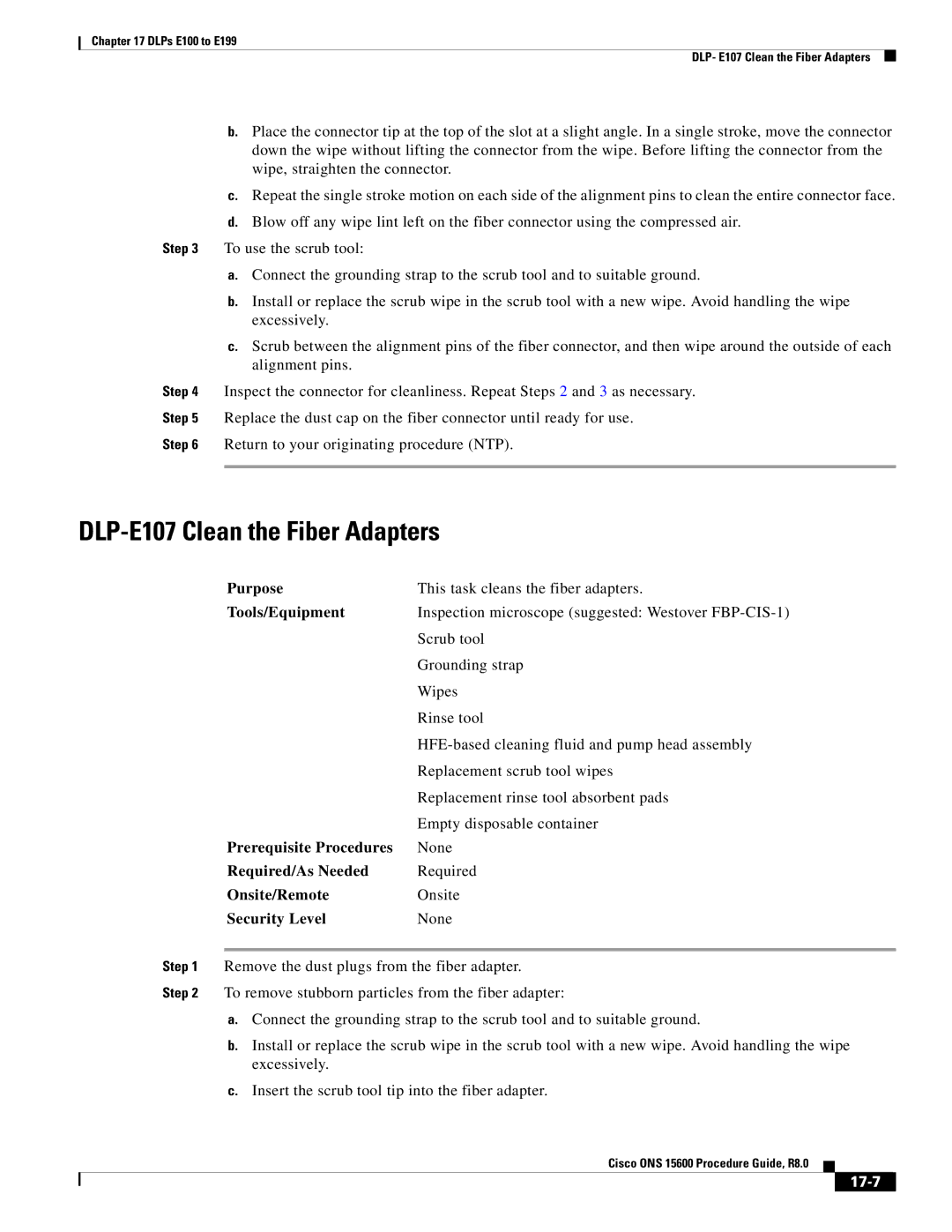 Cisco Systems 15600 manual DLP-E107 Clean the Fiber Adapters, 17-7 