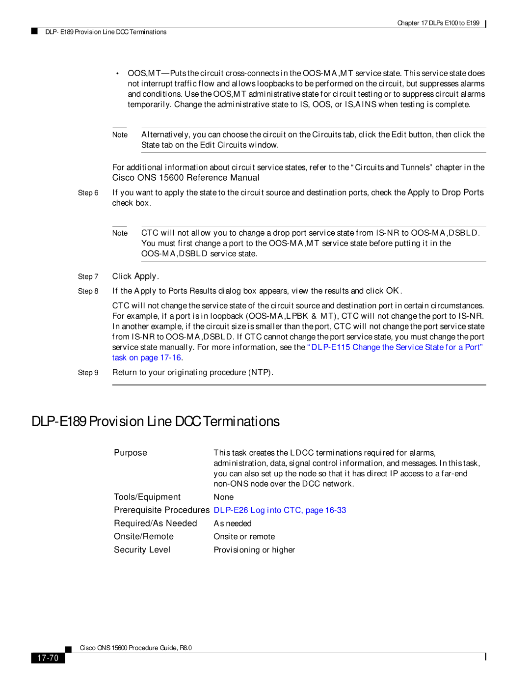 Cisco Systems 15600 manual DLP-E189 Provision Line DCC Terminations, 17-70 