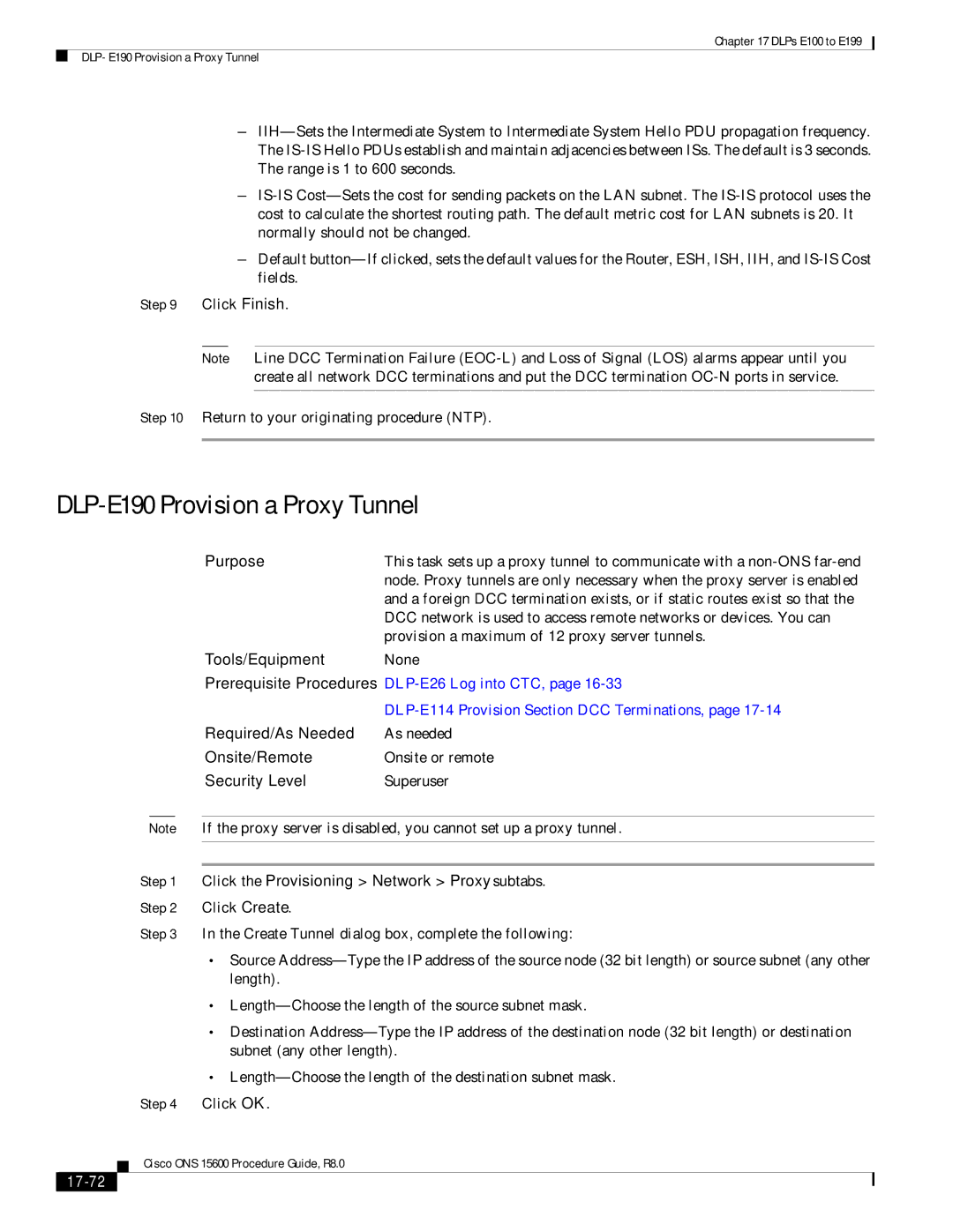 Cisco Systems 15600 manual DLP-E190 Provision a Proxy Tunnel, Click the Provisioning Network Proxy subtabs, 17-72 