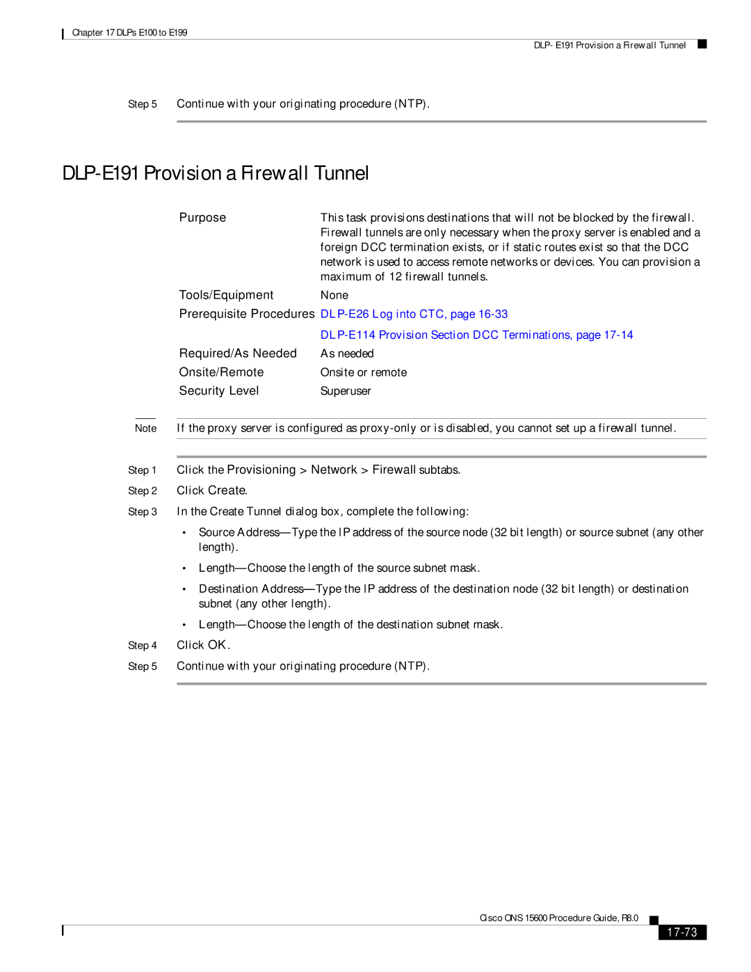 Cisco Systems 15600 manual DLP-E191 Provision a Firewall Tunnel, Click the Provisioning Network Firewall subtabs, 17-73 