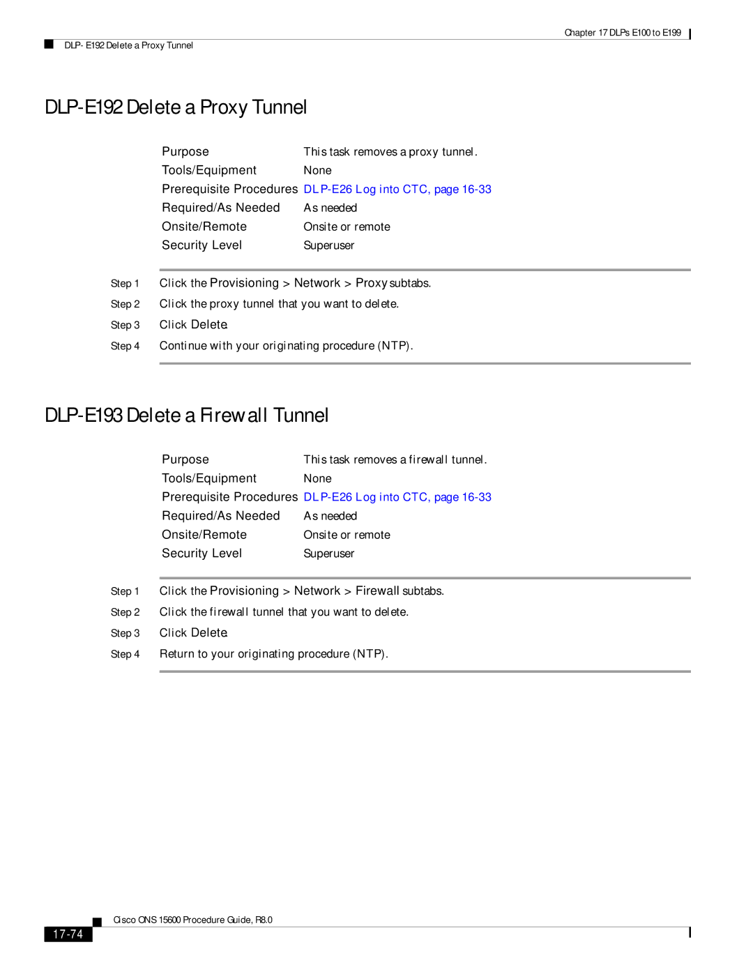 Cisco Systems 15600 manual DLP-E192 Delete a Proxy Tunnel, DLP-E193 Delete a Firewall Tunnel, 17-74 