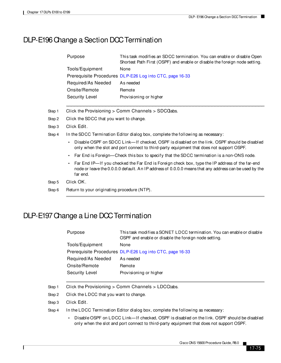 Cisco Systems 15600 manual DLP-E196 Change a Section DCC Termination, DLP-E197 Change a Line DCC Termination, 17-75 